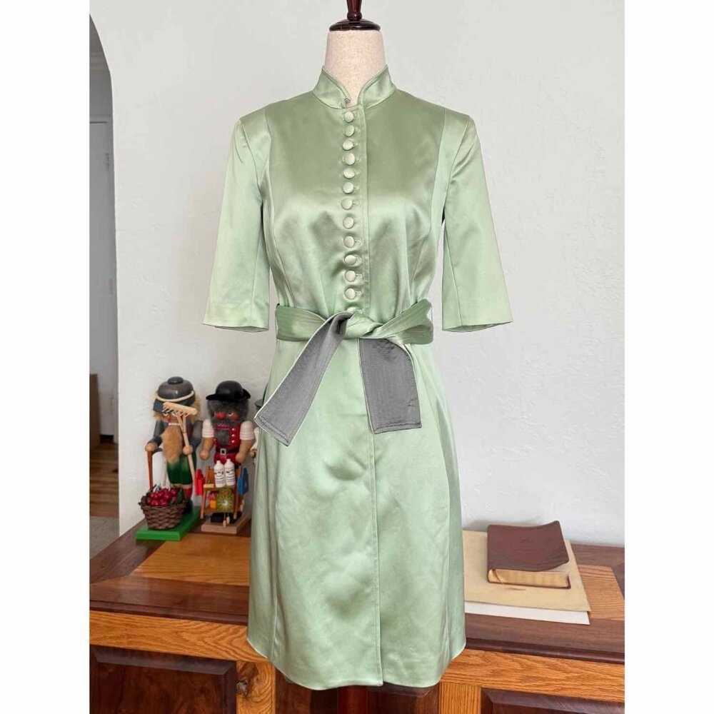 Vintage St John Evening Satin Button Front Belted Long Jacket Y2K Green